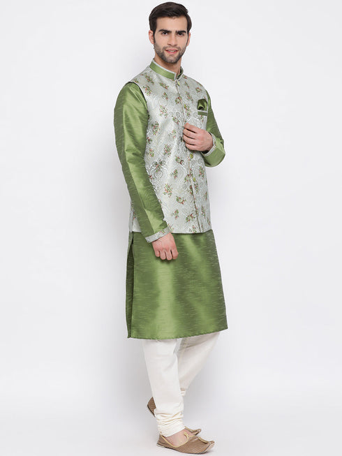 Vastramay Men's Green Floral Jacquard Jacket With Silk Kurta and Pyjama Set